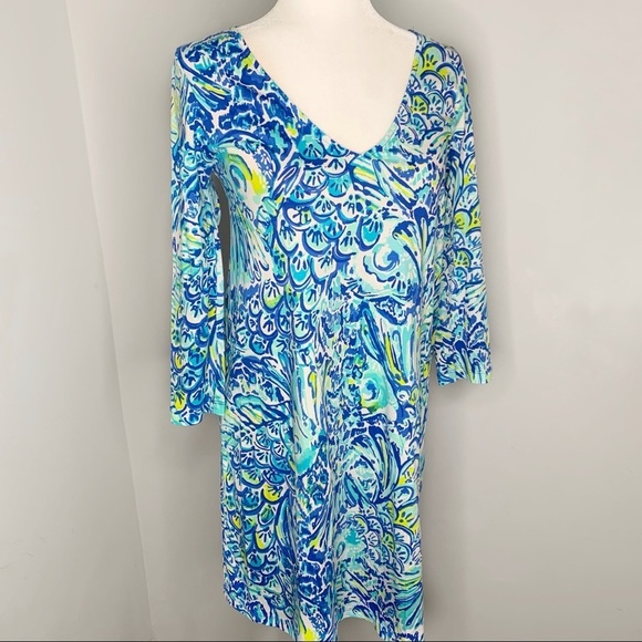 Lilly Pulitzer Dresses & Skirts - Lilly Pulitzer V Neck 3/4 Sleeve Cotton Dress Blue Yellow White S